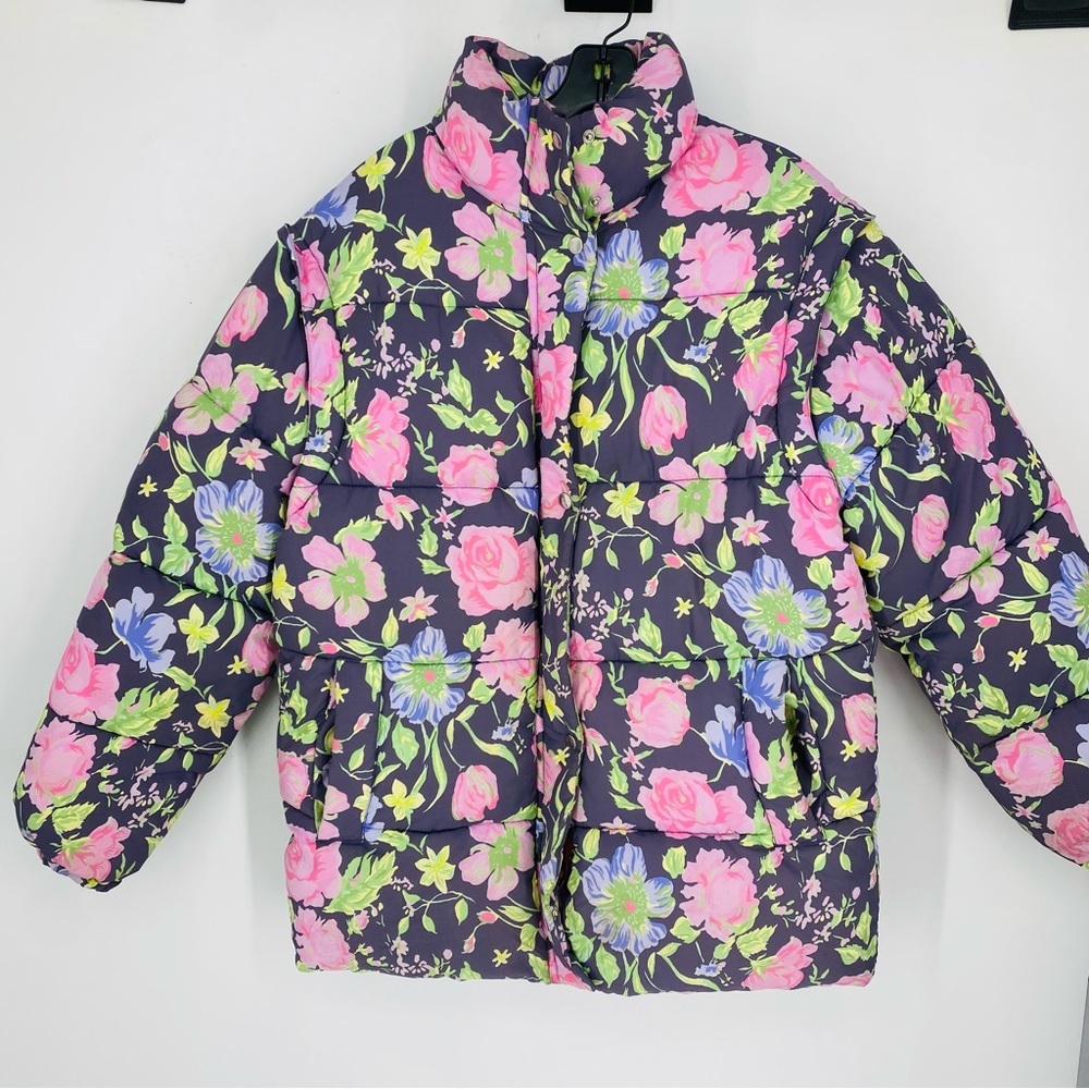 ASOS Floral Rose Print Oversized Puffer Jacket & Vest US Size 0 Button Up Coat